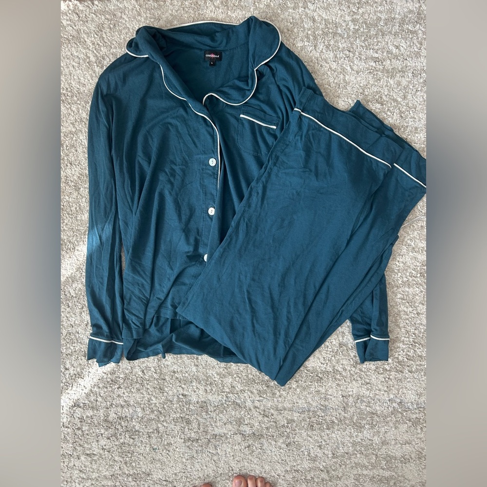 Women’s Cosabella Teal Long-Sleeve Pajama Set with Contrast Piping size large